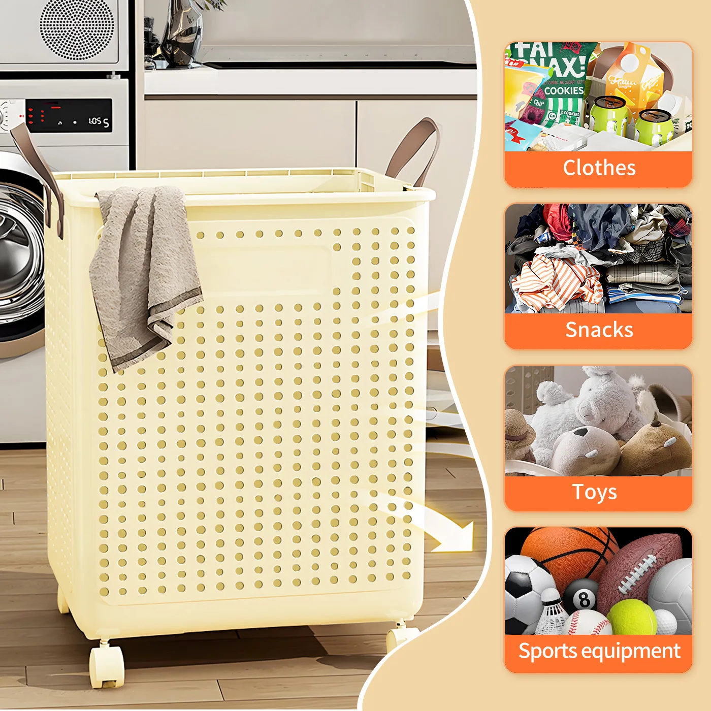 

Laundry Basket Plastic Large With Wheel Foldable Clothing Storage Hamper Removable Organization Portable For Balcony Bathroom