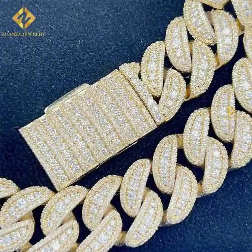 

925 Sterling Silver Chain Hip Hop Mens Rapper Moissanite Chain Necklace Set Double Row Cuban Link Chain