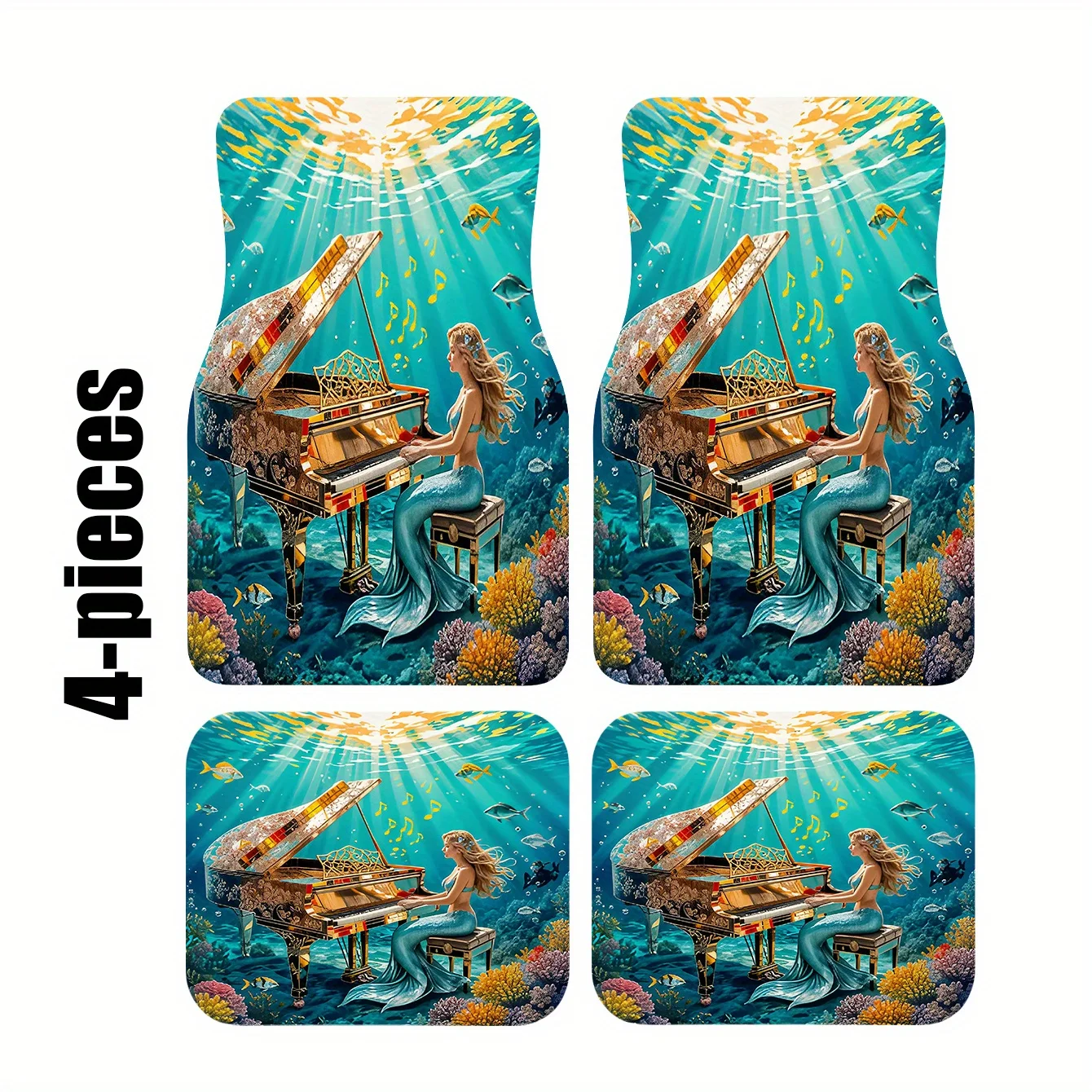 A Set Of Four Car Floor Mats Featuring A Mermaid Playing The Piano Design, Suitable For Various Vehicle Models—Made From Easy-To