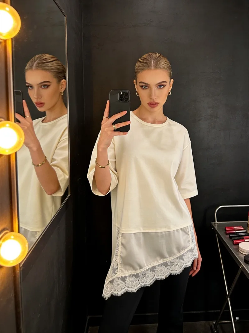T-shirts longs en dentelle irrégulière pour femmes, pull élégant, vêtements d'intérieur, col rond, manches courtes, Chic de rue, pour dames