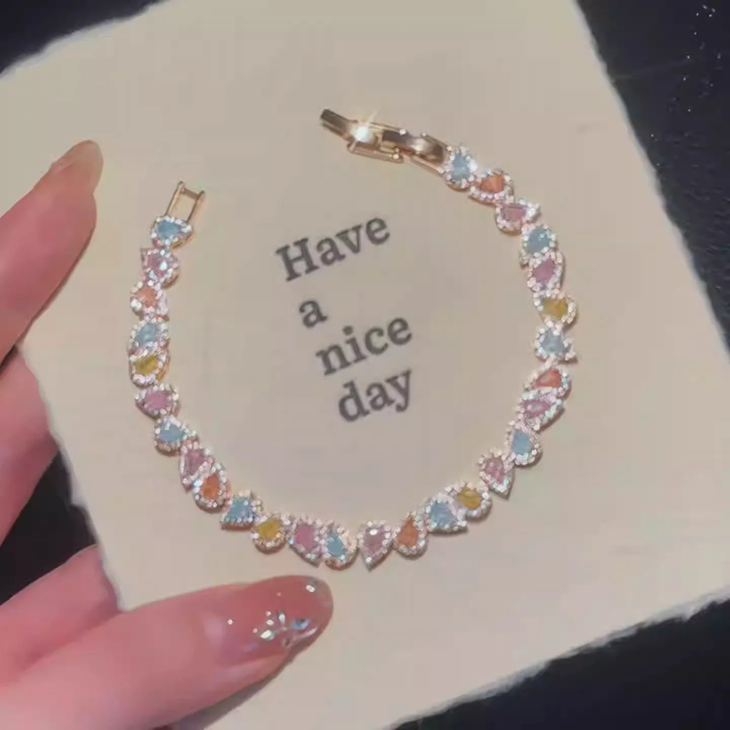 Rainbow Teardrop Cubic Zirconia Tennis Bracelet Valentine's Day Gift Fashion Jewelry for Women with High Quality Bezel Heart