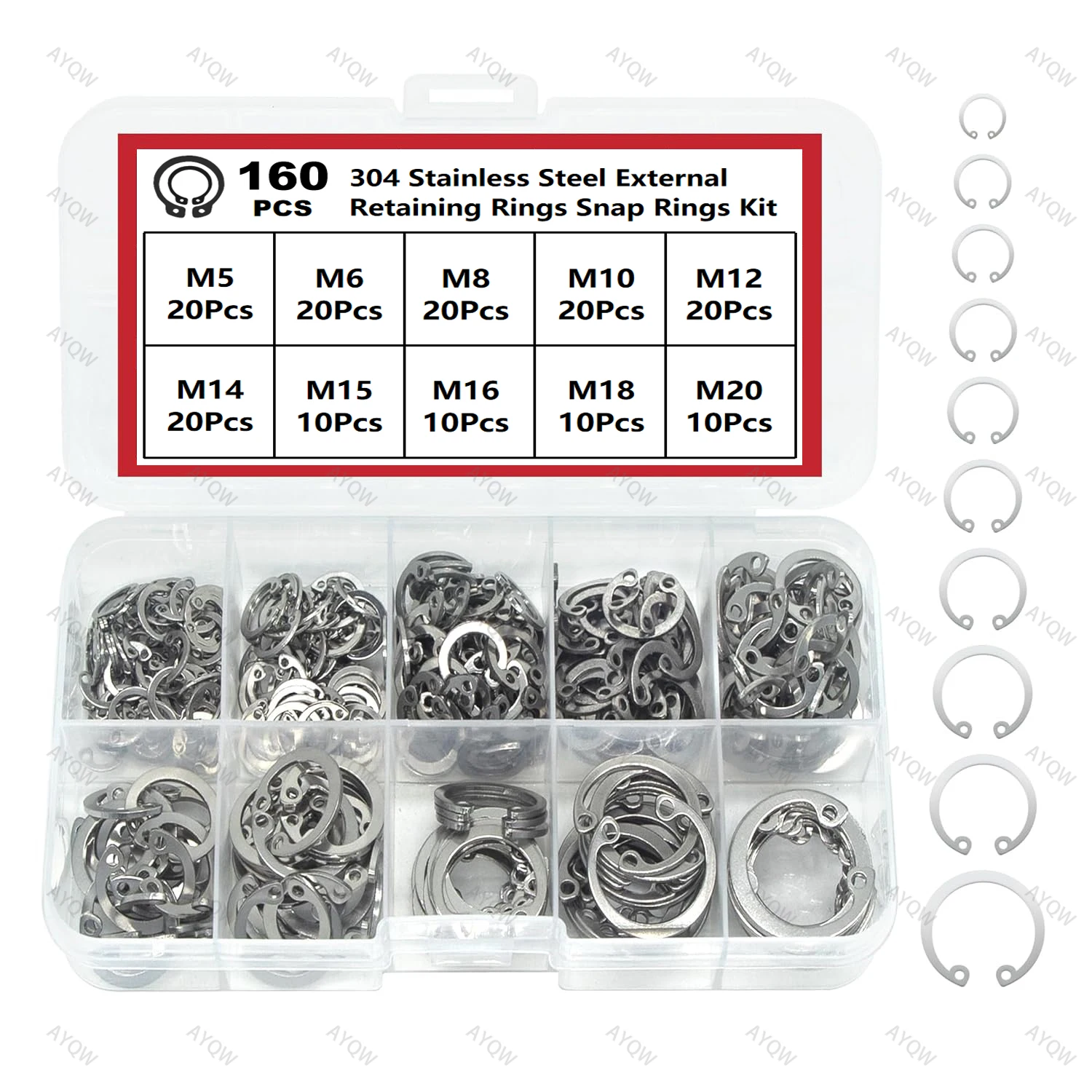 160Pcs Stainless Steel C-Type Snap Ring Combination Kit, Snap Rings, Internal and External Snap Rings for Shafts and Holes, Din471, Circlip, Retaining Ring, Ideal for Machinery, Automotive, and DIY Repair Projects