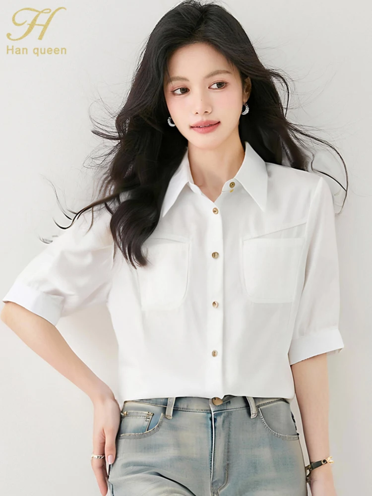 

H Han Queen 2025 Elegant Fashion Pocket Summer Shirt Loose Short Sleeve Tops Chic Vintage Casual Blouses Korean Women Clothing