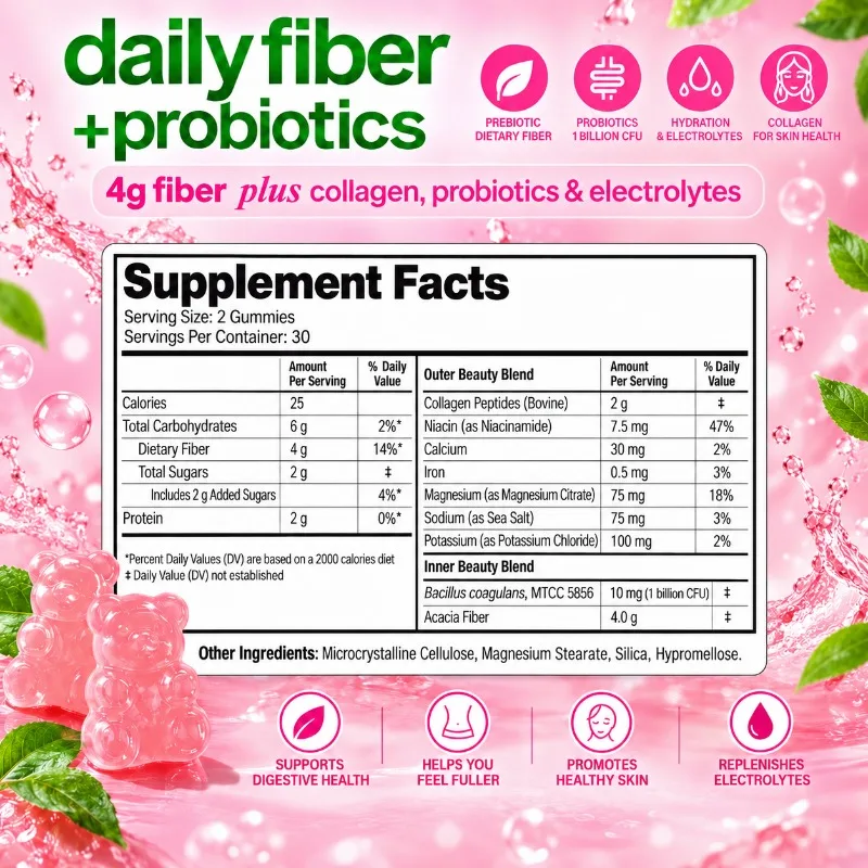 Daily Fiber + Probiotics Gummies - Help Replenish and Refresh, Promotes Collagen Synthesis,Vaginal Health,Replenish Electrolytes