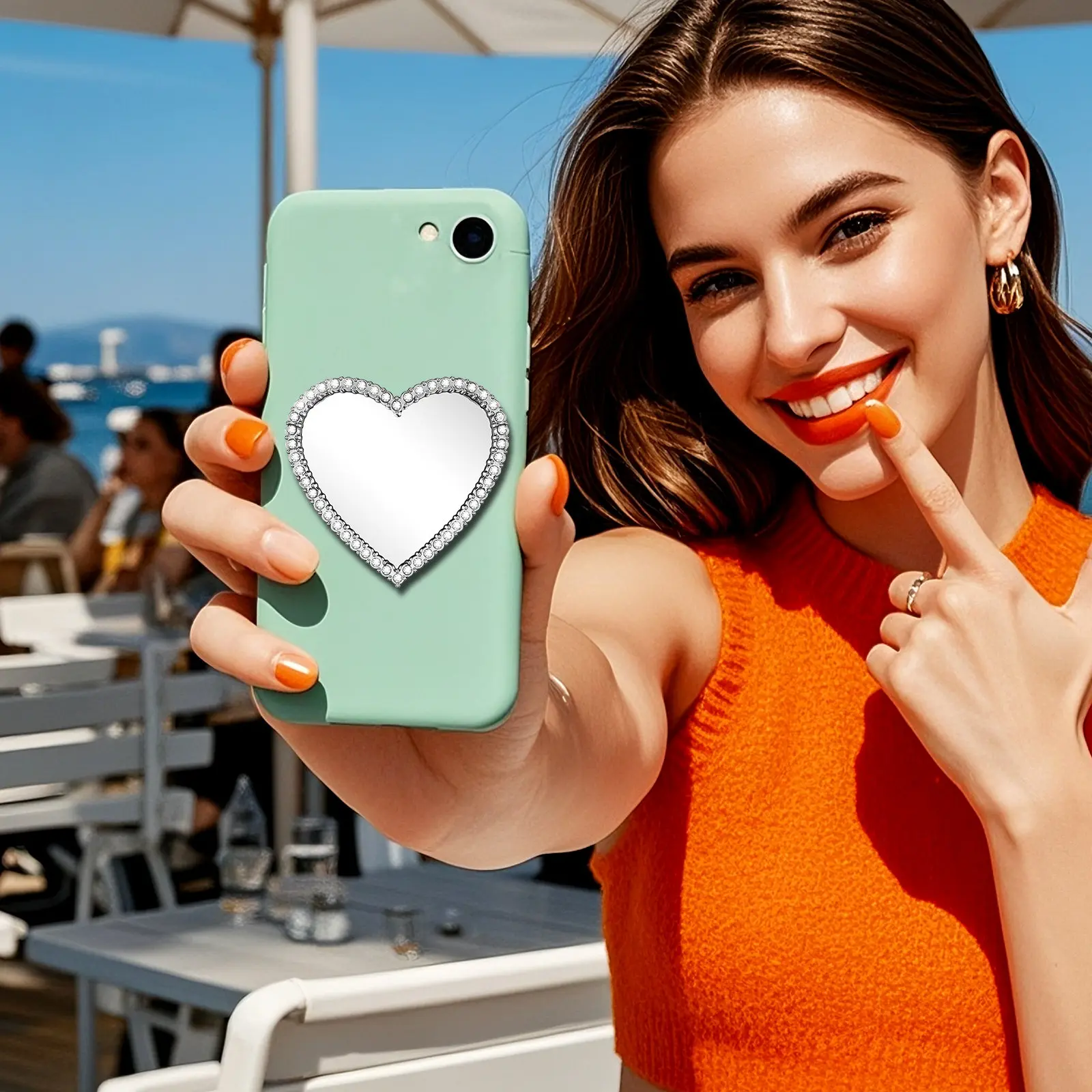 6Pcs Heart Shaped Rhinestone Mirror for Phone Case DIY Decoration Portable Pocket Size Vanity Mirror Cute Handheld Touch Up Tool