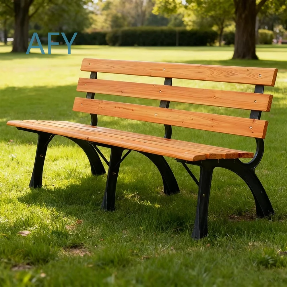 Cast Aluminum Outdoor Bench with Long Backrest and Iron Wood Seat for Comfortable Rest Garden Patio Park Use for Home Yard