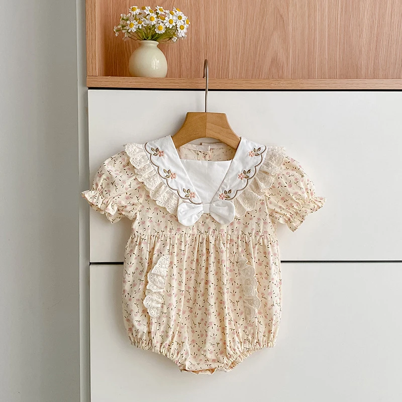 2026 New Summer 0-24M Baby Girl Korean-Style Short Sleeve Print Romper Short Sleeved Birthday Sweet Bow Romper