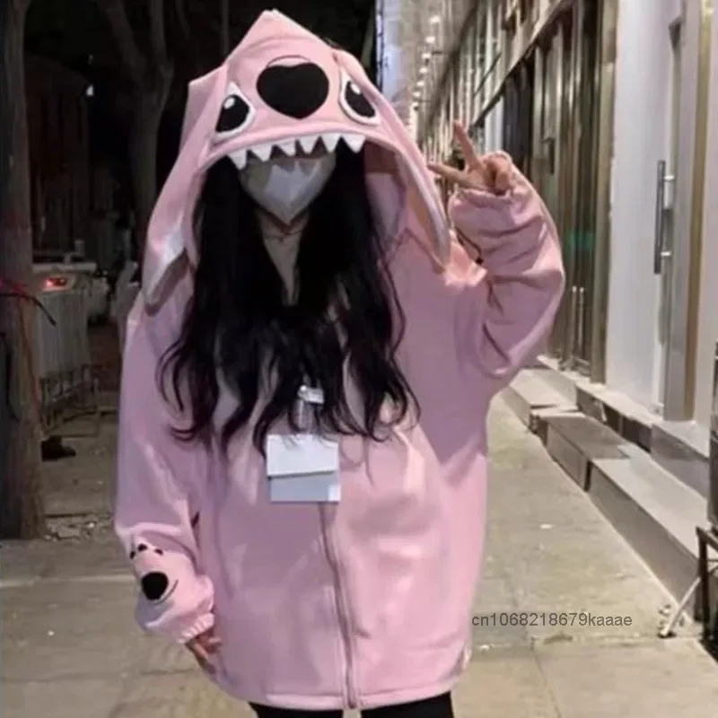 Disney Stitch College Style Pink Hoodie Cartoon Cute Loose Casual Hooded Sweatshirt Women\'s Spring Autumn Korean Style Cardigan