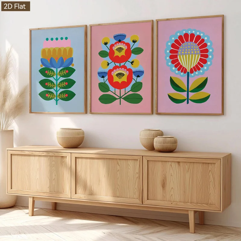 2D Flat, 3pcs Nordic Retro Vertical Floral Canvas Wall Art Suitable for Living Room, Modern Minimalist Contrast Color Botanic