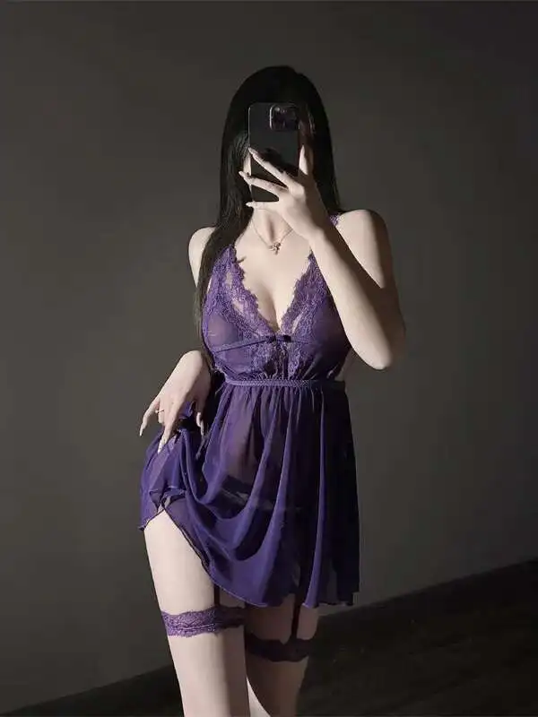 Charme Sexy Lila Unterwäsche Spitze Versuchung Schlafen Tank Mini Kleid Süße Koreanische Frauen Sexy Neue Jahr Lila Kleid Elegante YQL4