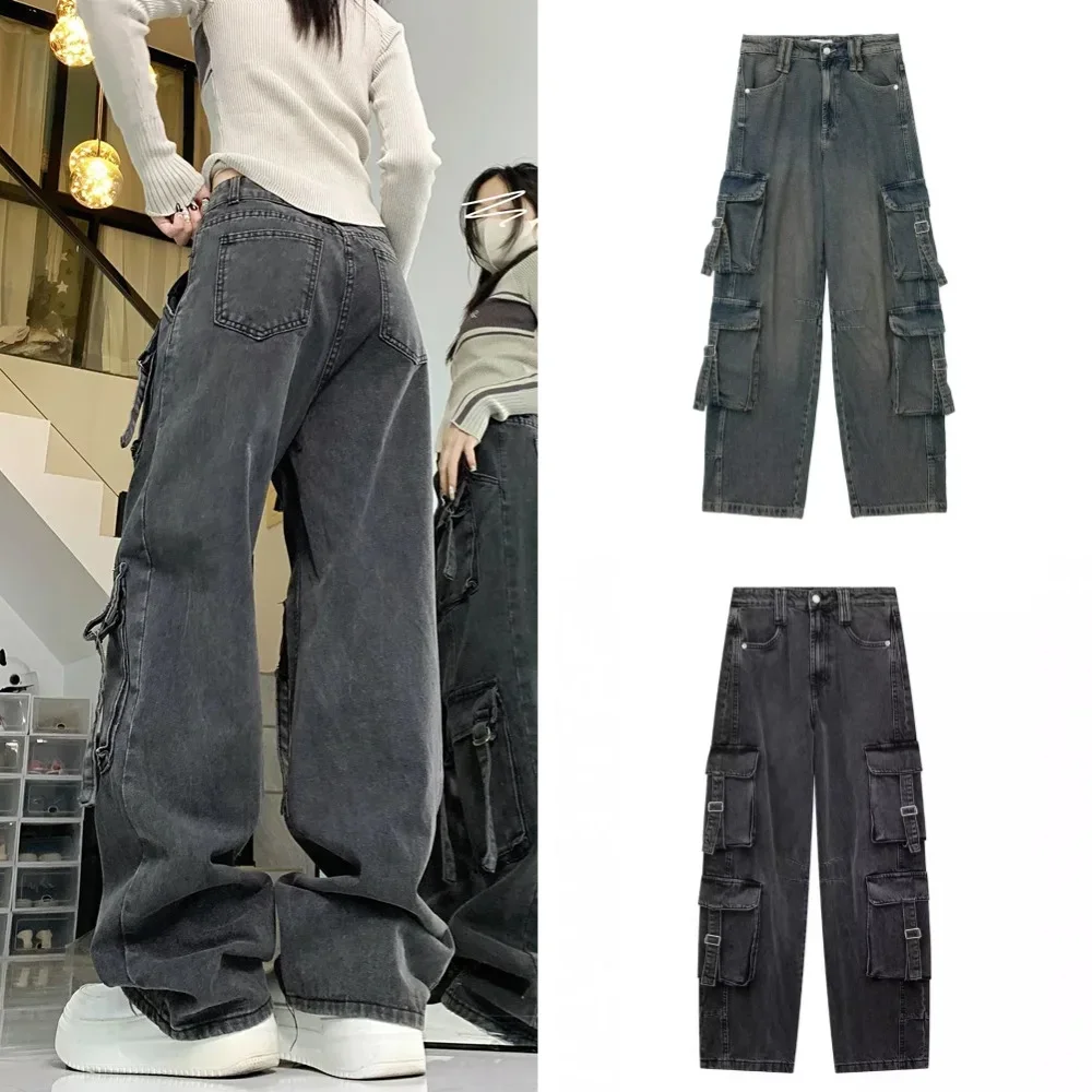 2024 Cargo Jeans Women Gray Denim Parachute Pants Woman Fashion High Waist Baggy Pants Y2k Streetwear Trousers