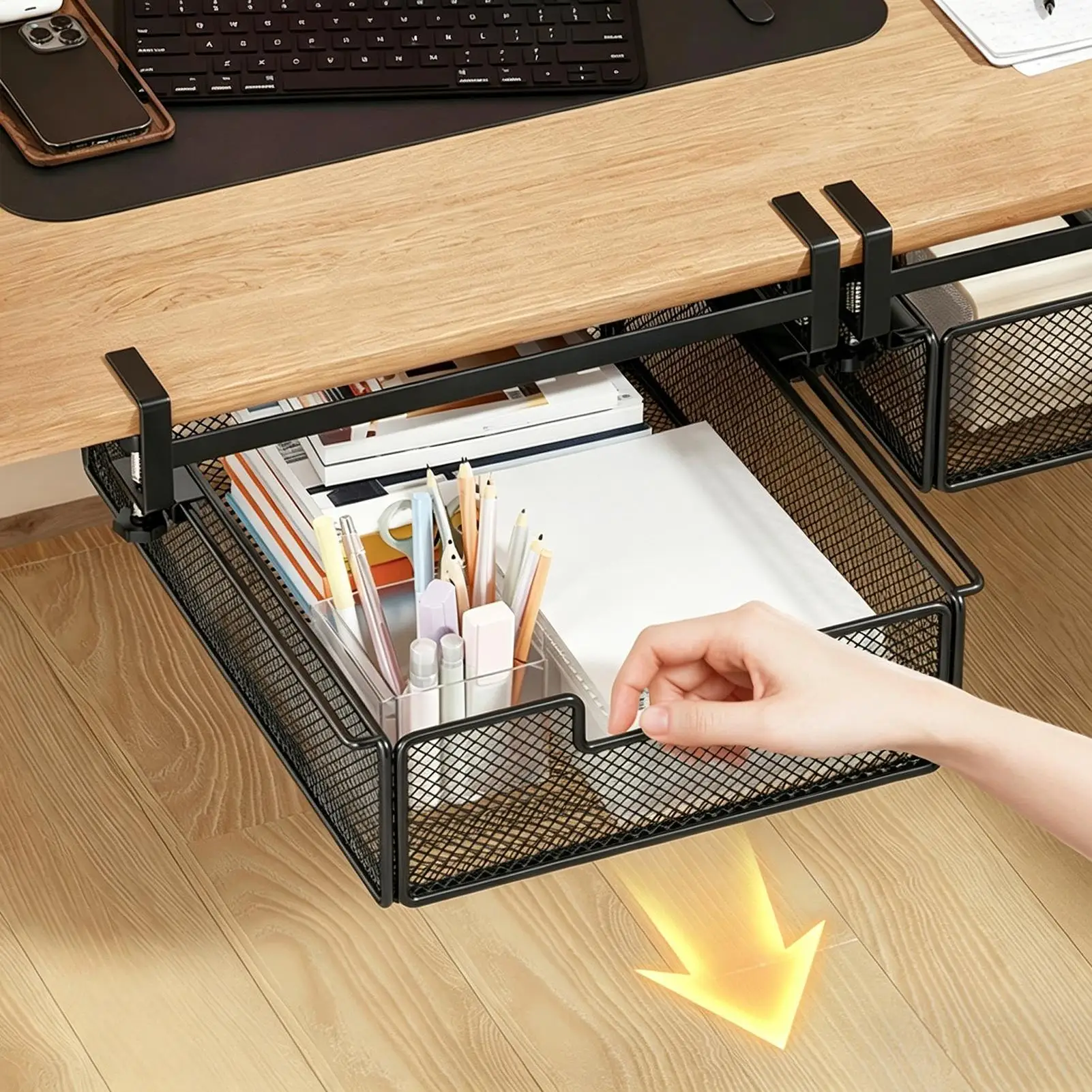 Invisible Drawer Pull Out Storage Box Under Desk Drawer Office Desk Hanging Organizer Shelf For Homeowners Renters Gamers