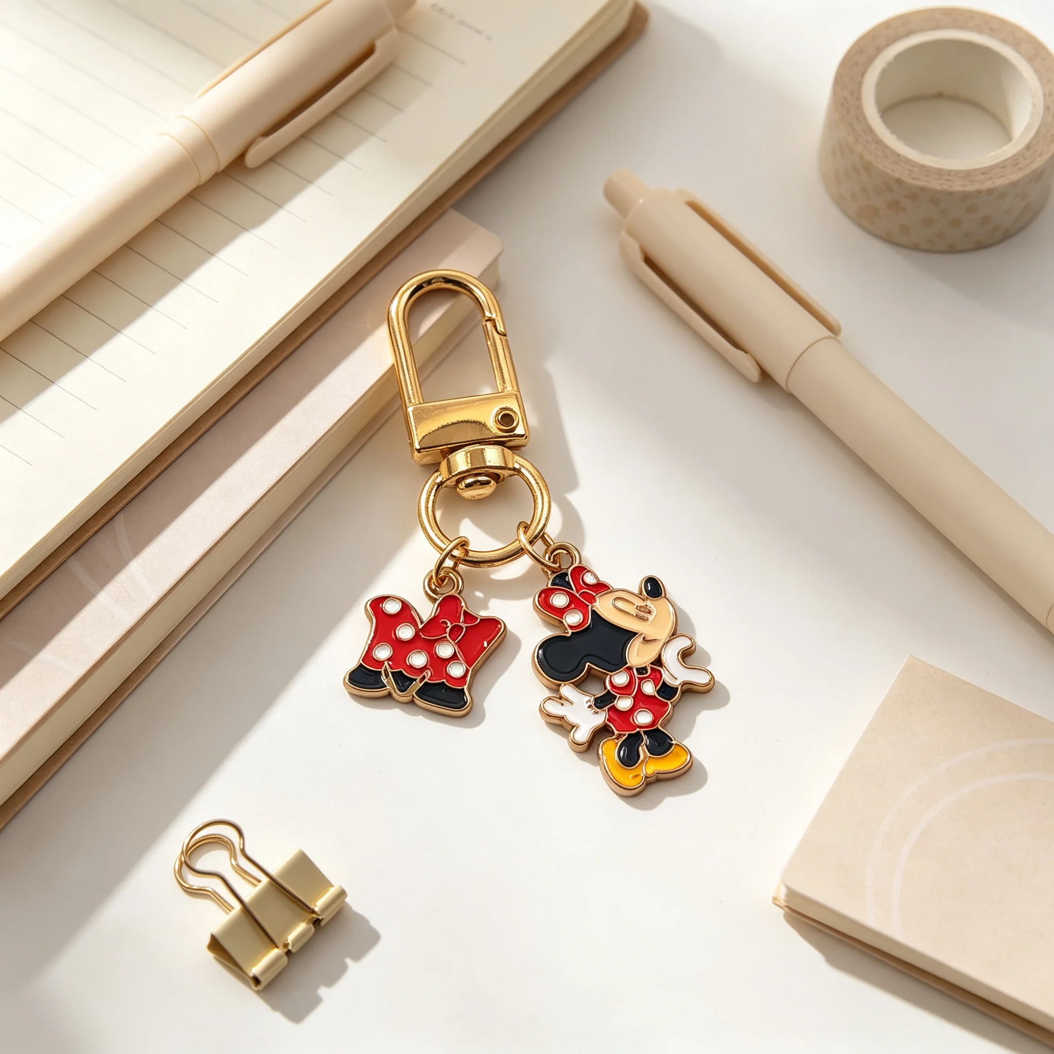 Cute Cartoon Mouse Enamel Keychain, Gold Metal Carabiner Key Ring Charms, Polka Dot Bow Pendant Bag Purse Backpack Decor Accesso view 3