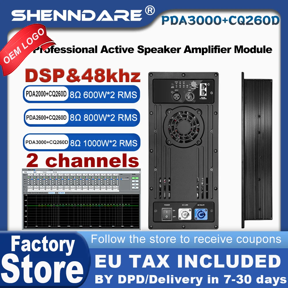 

SenMicre PDA3000+CQ260D Профессиональный DSP 48 кГц Программное управление Цифровой усилитель мощности 2x1000 Вт 8 Ом Активный модуль усилителя динамиков Линейный массив Усилитель звука Сабвуфер Усилитель Плата