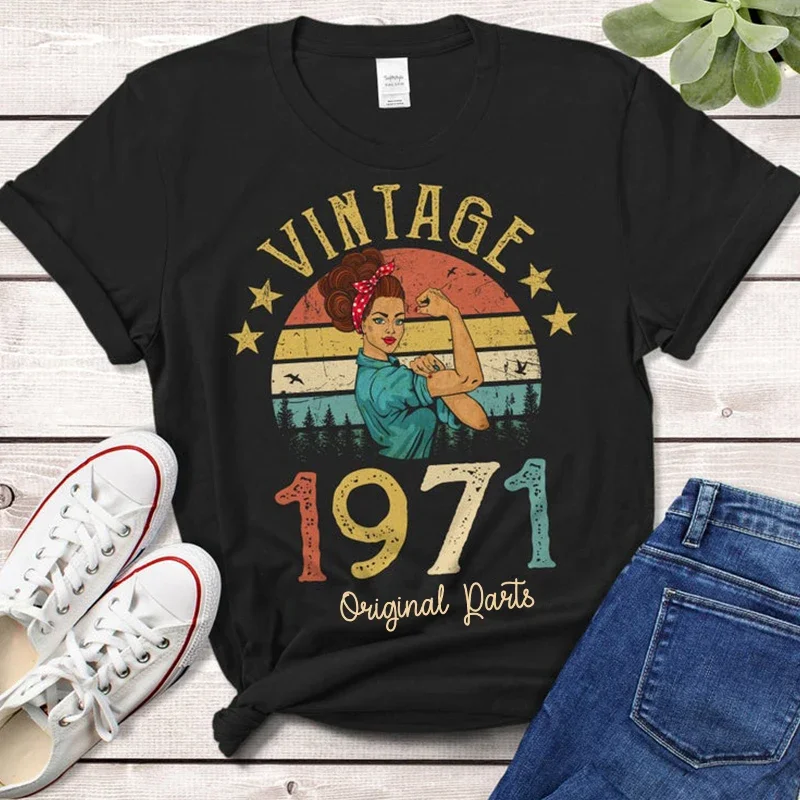 

Vintage 1971 Original Parts T-Shirt Rosie Women 53 Old 53rd Birthday Gift Idea Mom Wife Daughter Funny Retro Tee Shirt Top