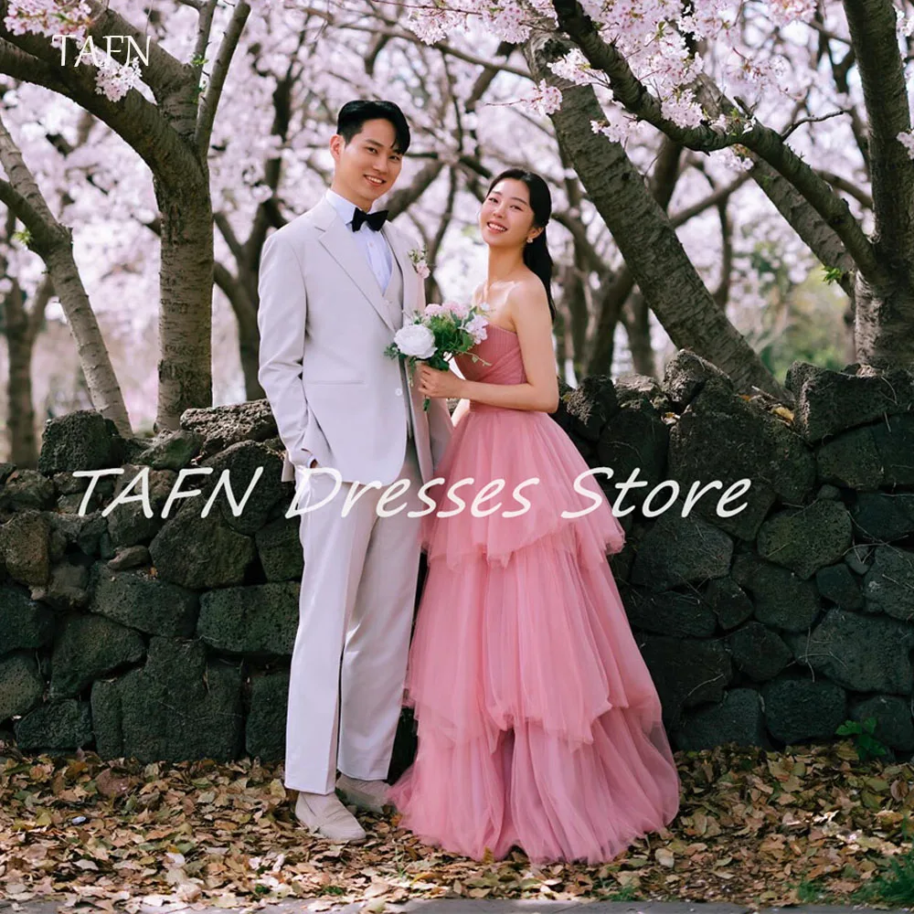 TAFN Fairy Pink Tulle Evening Dresses A line Korea Garden Wedding Shoot Dress Long Tiered Corset Custom Made Bridal Party Gown