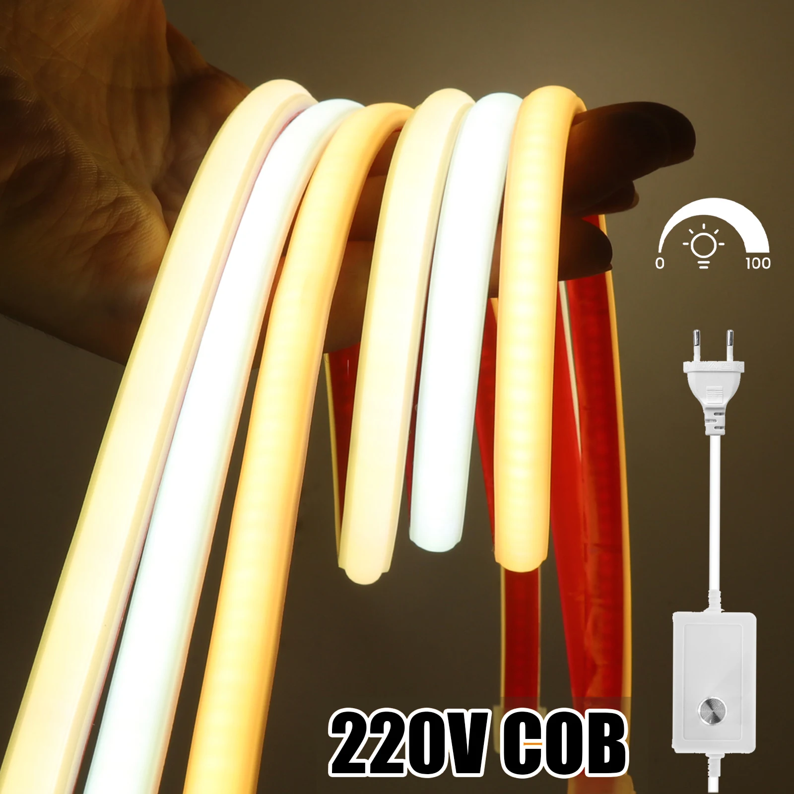 Dimmerable COB Neon Strip AC 220V EU UK Plug 3000K 4000K 6000K Waterproof Self Adhesive Home Decor Flexible Ribbon Chain Light