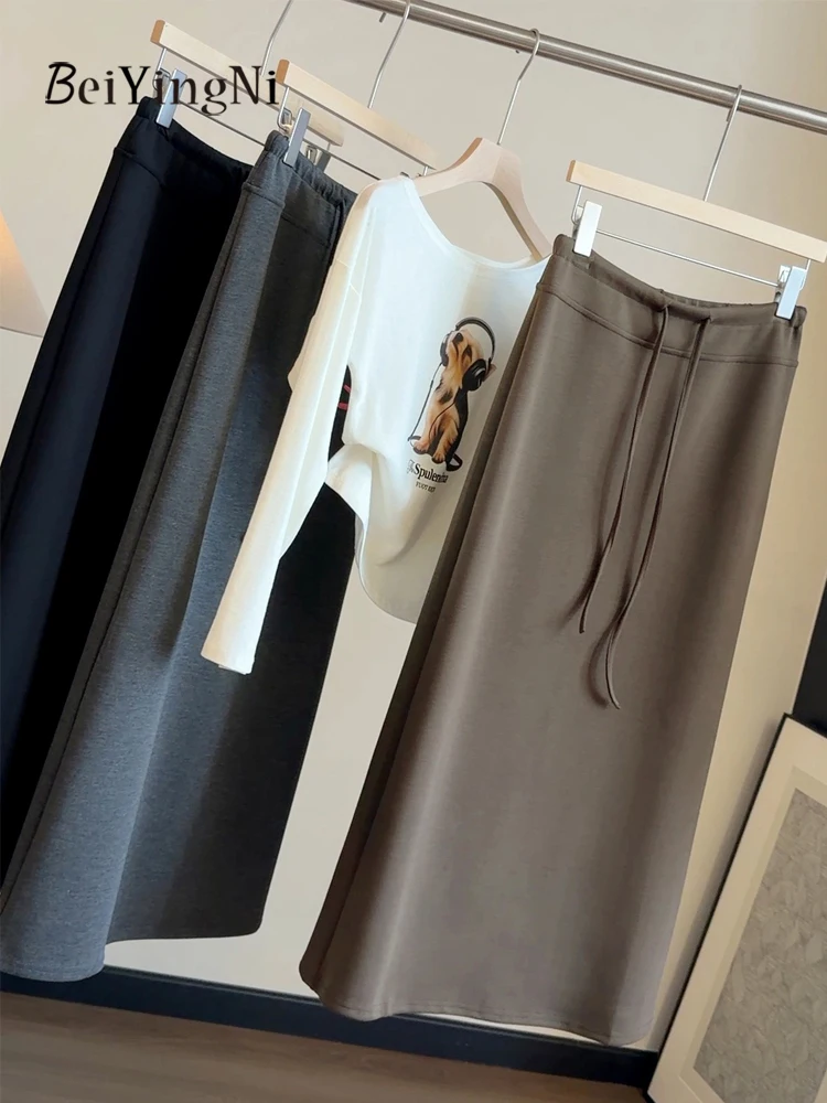 Beiyingni Senior Classy Korean Women Long Skirt Autumn Winter French Drawstring A-line Skirts for Woman Minimalist Cozy OL Skirt