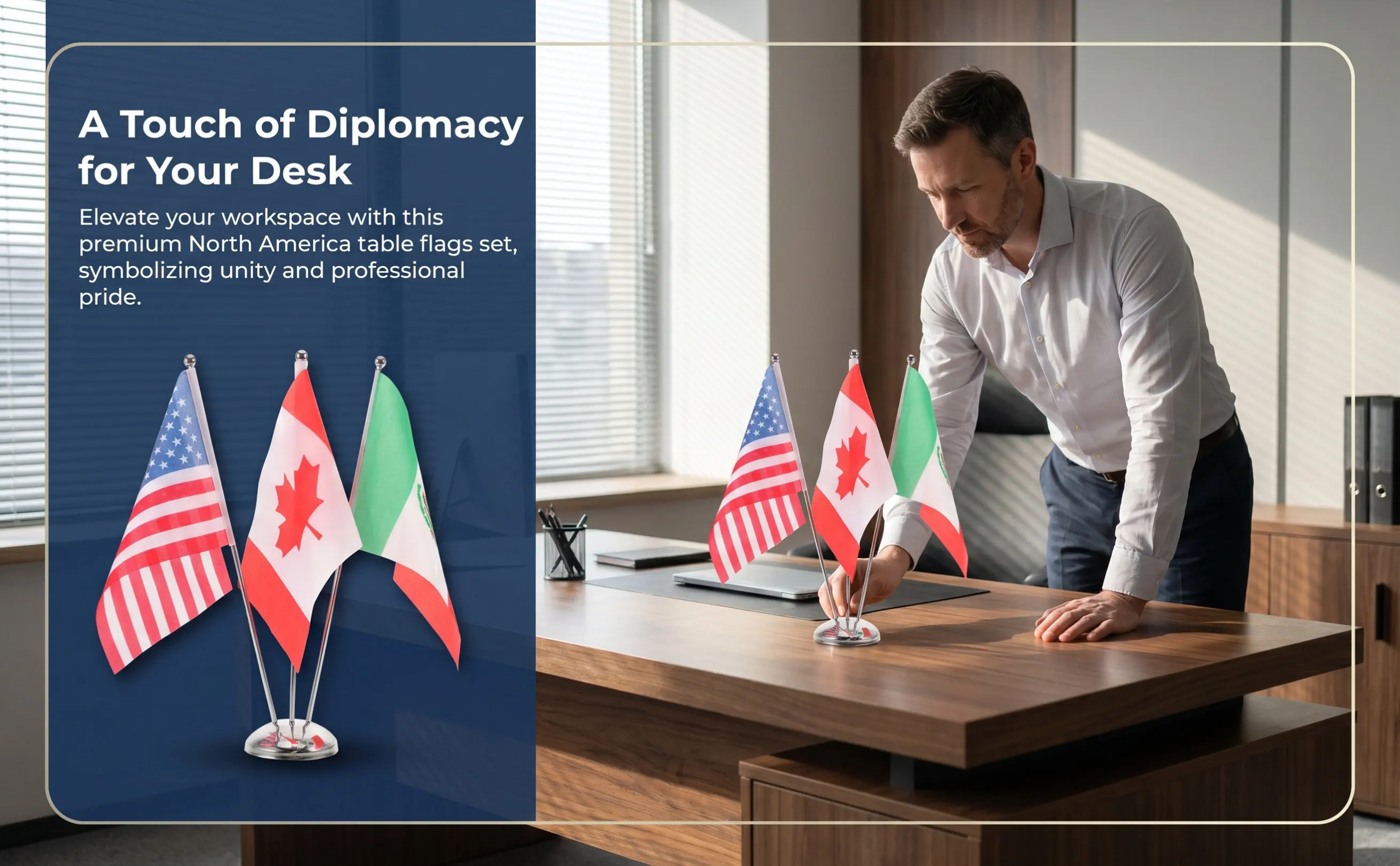 1Set Miniature Desk Flags Usa Canada Mexico Metal Table Flag Stand Stainless Steel Pole for Office Meeting Trade