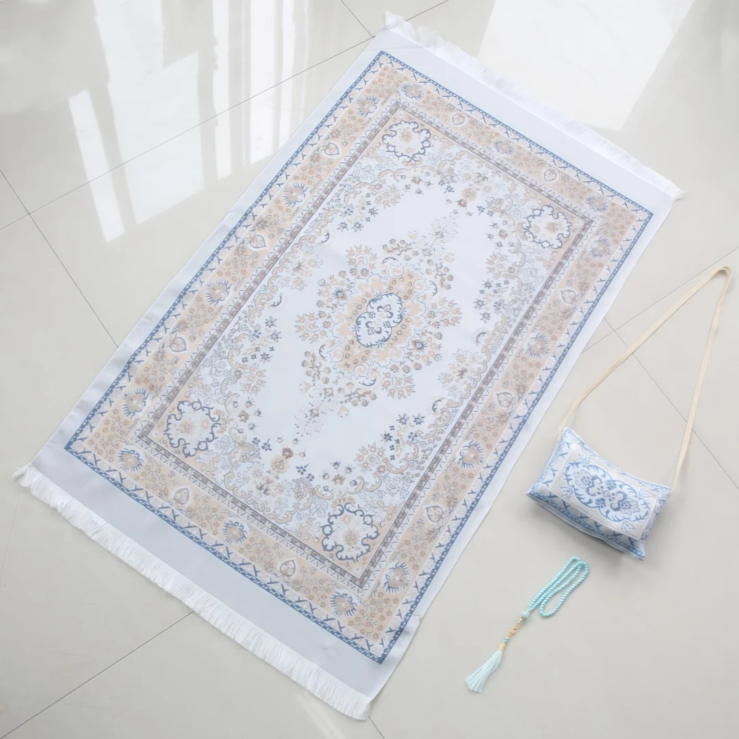New Style Chenille Portable Shoulder Bag Prayer Rug with 99 Smooth Faux Pearl Prayer Beads, Eid Al-Fitr Gift Set
