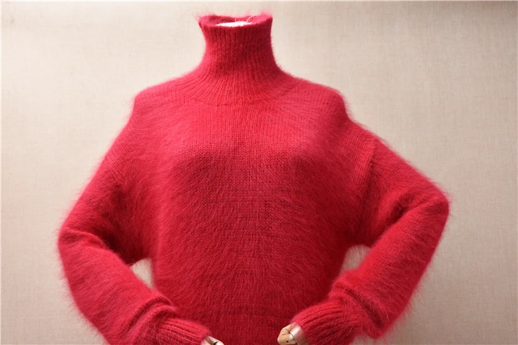 Feminino feminino outono inverno roupas vermelho peludo angora coelho cabelo de malha divisão gola alta solta pulôver jumper puxar vestido