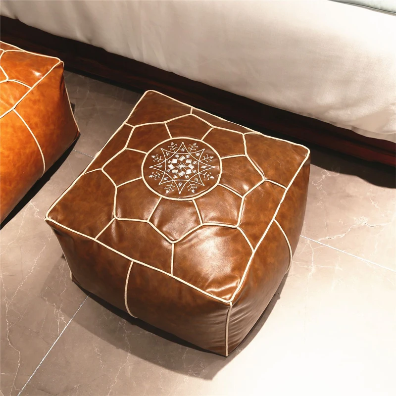 Square Moroccan Cushion PU Leather Embroider Craft Pouf Floor Seat Hassock Ottoman Footstool Large Unstuffed Tatami Cushions