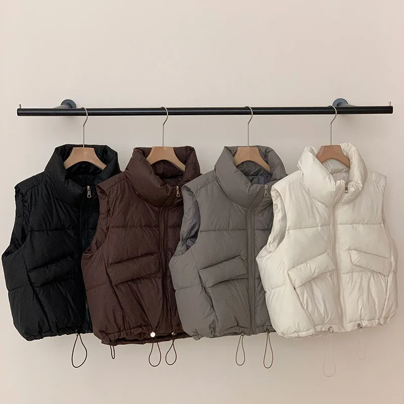 Winter Warm Cotton Padded Puffer Vest Jacket For Women Fashion Standing Collar Loose Streetwear Vest Big Pocket Sleeveless Coat