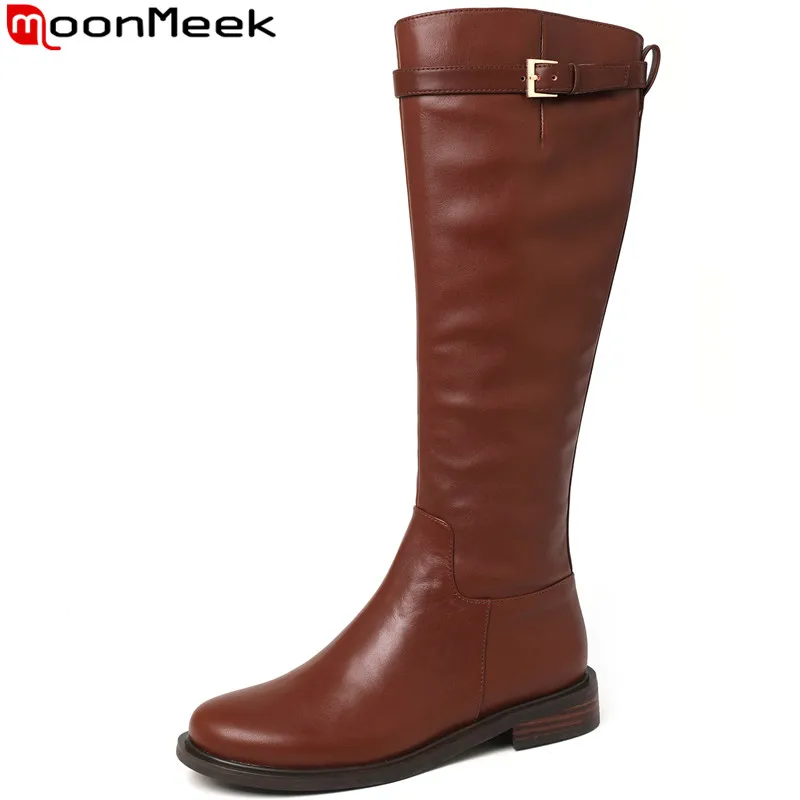 

MoonMeek 2022 New Arrive Zipper Ladies Genuine Leather Women Winter Boots Square Low Heels Knee High Boots Solid Dress Shoes
