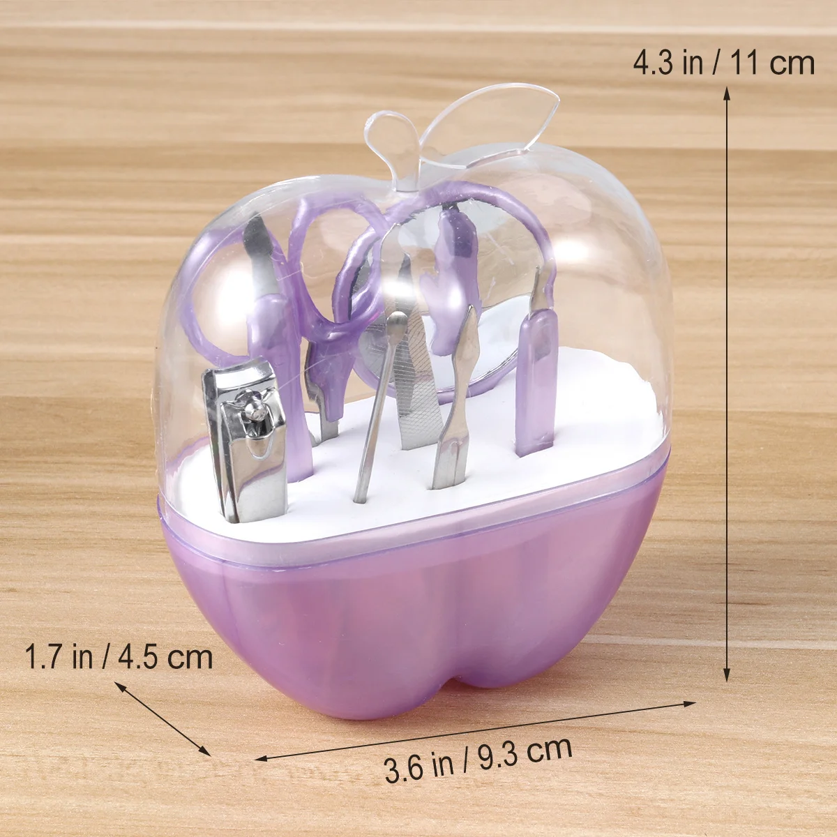 8-in-1 Professionelles Nagel-Maniküre-Set in Apfelform, durchsichtige Aufbewahrungsbox, Edelstahl-Haarschneidemaschine, Schere, Pinzette, Spiegel, Reisen