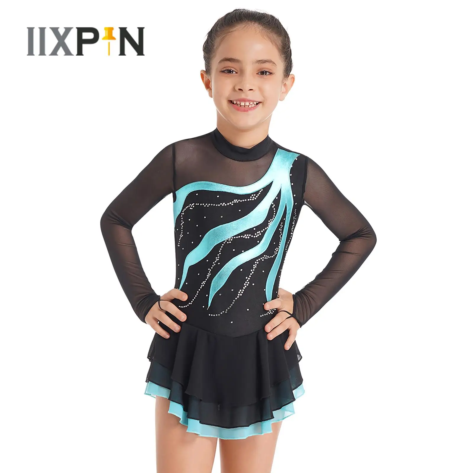 

Girls Ballet Dance Dress Gymnastic Leotard New Kids Long Sleeve Round Neck Hollow Mesh Splice Dancewear Figure Ice Skating Dress