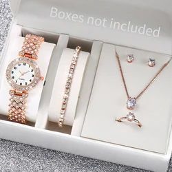 6PCS/Set Fashion Rhinestone Women's Watch Arabic Dial Steel Band Quartz Watches Diamond Jewelry Set（Without Box）