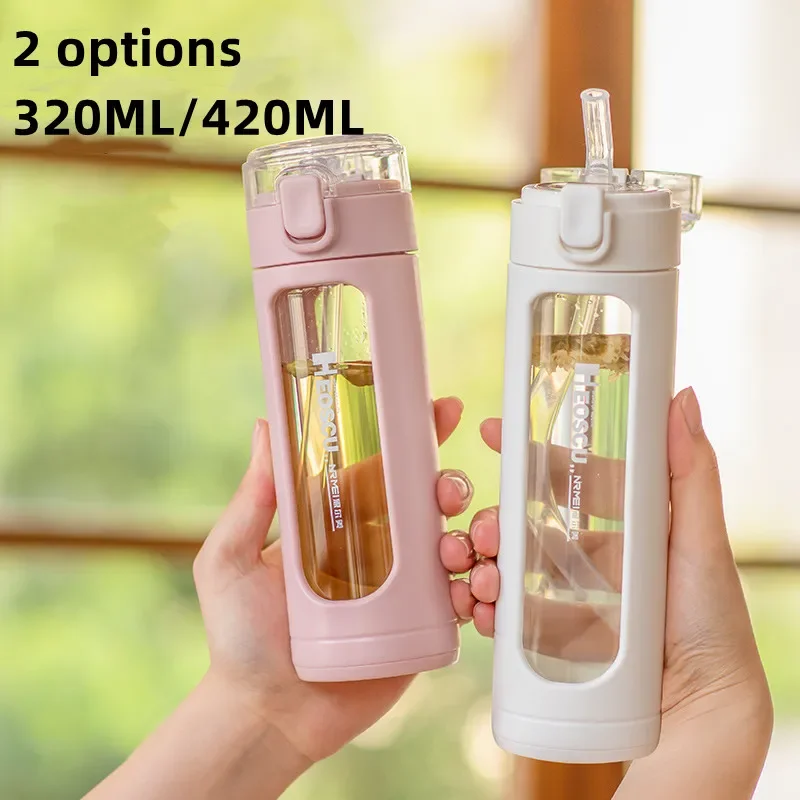Double Portable Glass Cute Water Bottle with Plastic Sleeve Kawaii Cup Tumbler with Straw Gifts for Girls Milk Coffee Juice