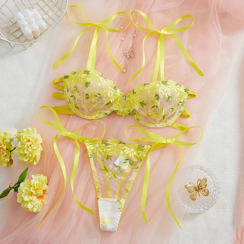 

Sexy Lace Lingerie Daisy Embroidered Underwear Set Translucent Tulle Female Erotic Lingerie Intimate Romantic Floral Bra Sets