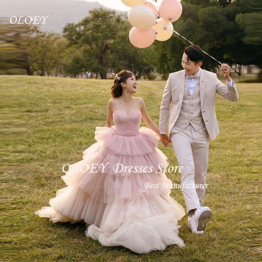 OLOEY Blush Pink Tulle Long Prom Korea Evening Dresses Customised Receiption Strapless Tiered Princess Garden Wedding Gowns
