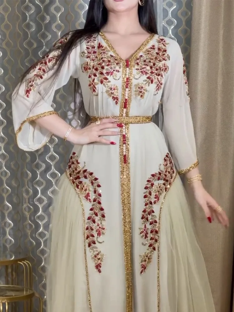 Gorgeous Embroidery Beaded Women Evening Dress for Party V Neck Luxury Middle East Dresses Muslim Dubai Gowns Vestidos