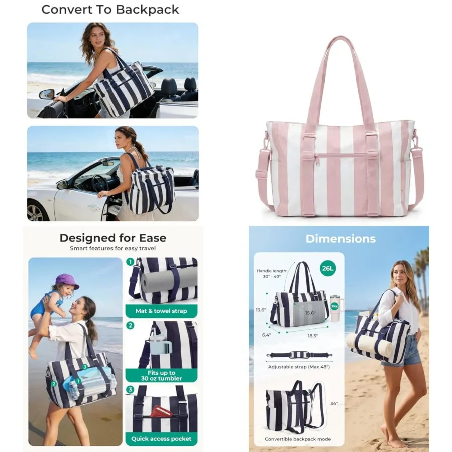 BAGSMART Large Beach Bag for Women, Oversize Tote Bag for Travel/Swim Pool/Summer 3-Ways to Carry, Cruise Essentials, Family Pi