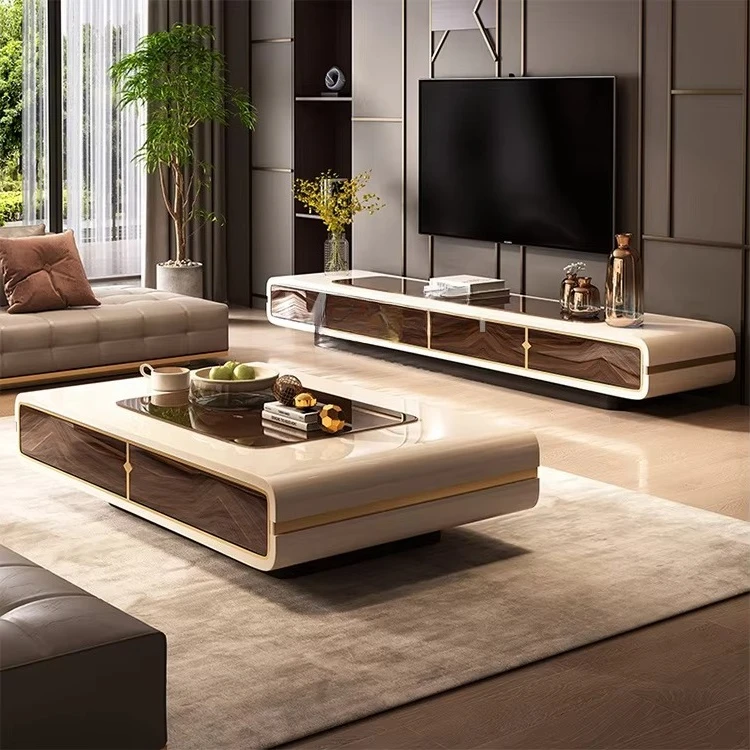

Modern Simple Marble TV Cabinet Coffee Table Combination Solid Wood for Dining Bedroom Entry School with Metal Glass Accents