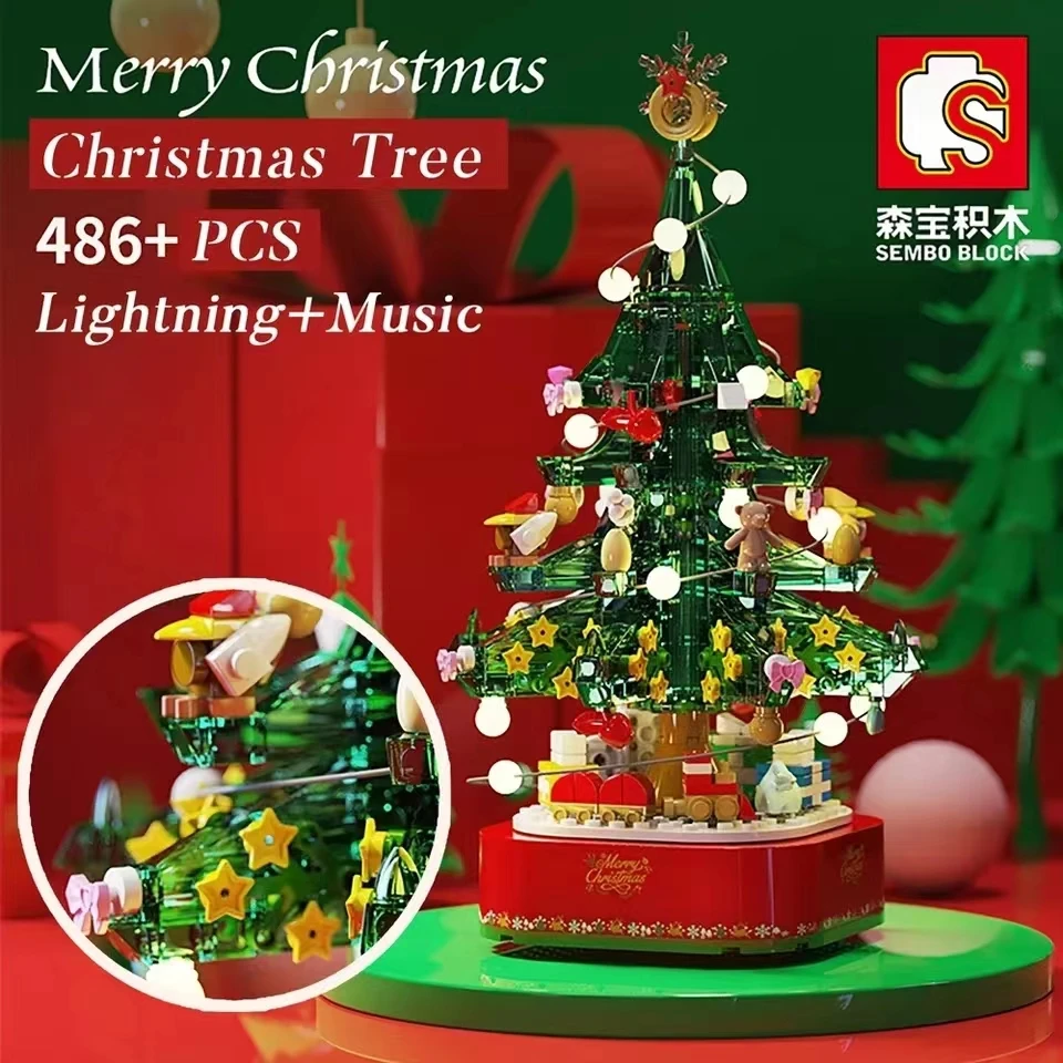 SEMBO 486PCS City Christmas Tree Music Box With Lights Building Blocks Diy Model Santa Claus Bricks Toys For Child Kids Gifts