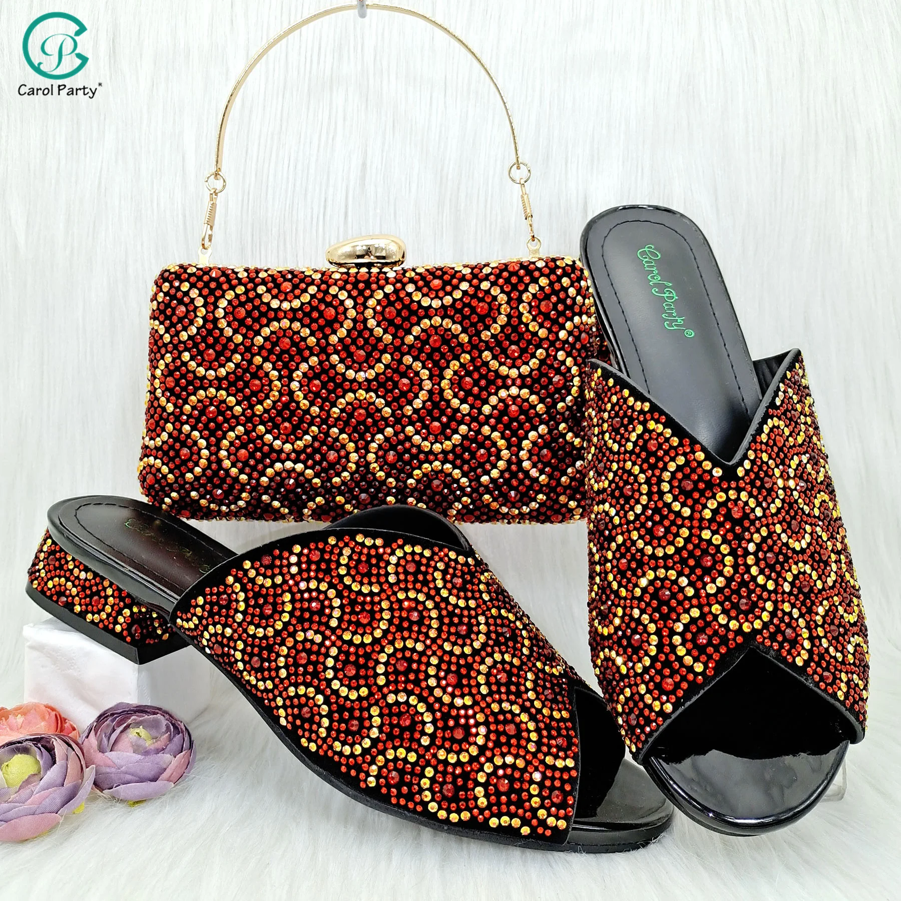 

Carol Party Nigerian Women's Favorite Rhinestone Covered Exquisite Ladies Slippers and Clutch Bag Matching Set