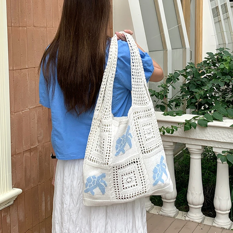 Designer-Stricktaschen mit großem Fassungsvermögen, Damen-Sommer-Strandtasche, lässige, hohl gewebte Unterarm-Umhängetasche – Detail 4