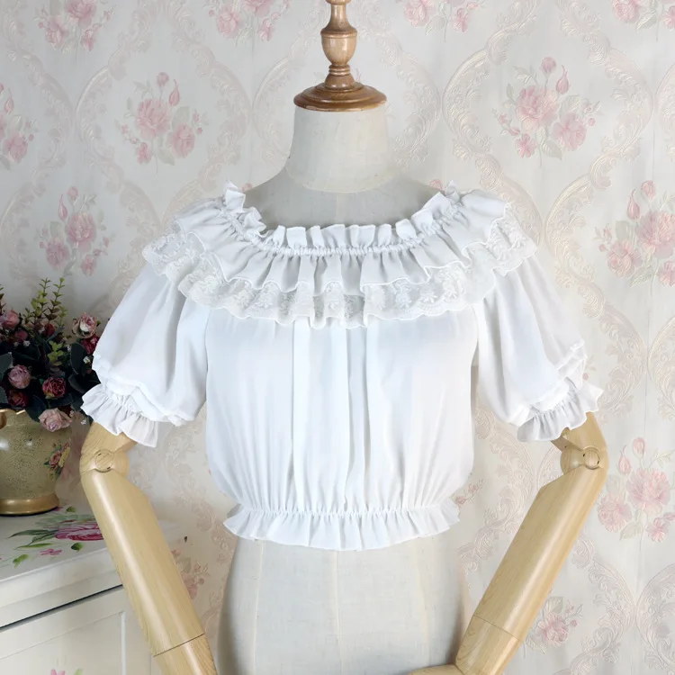 Lace Ruffle Slash Neck Off Shoulder Lolita Shirt Summer Tops Short Sleeve Chiffon Women Blouse Blusas Mujer De Moda