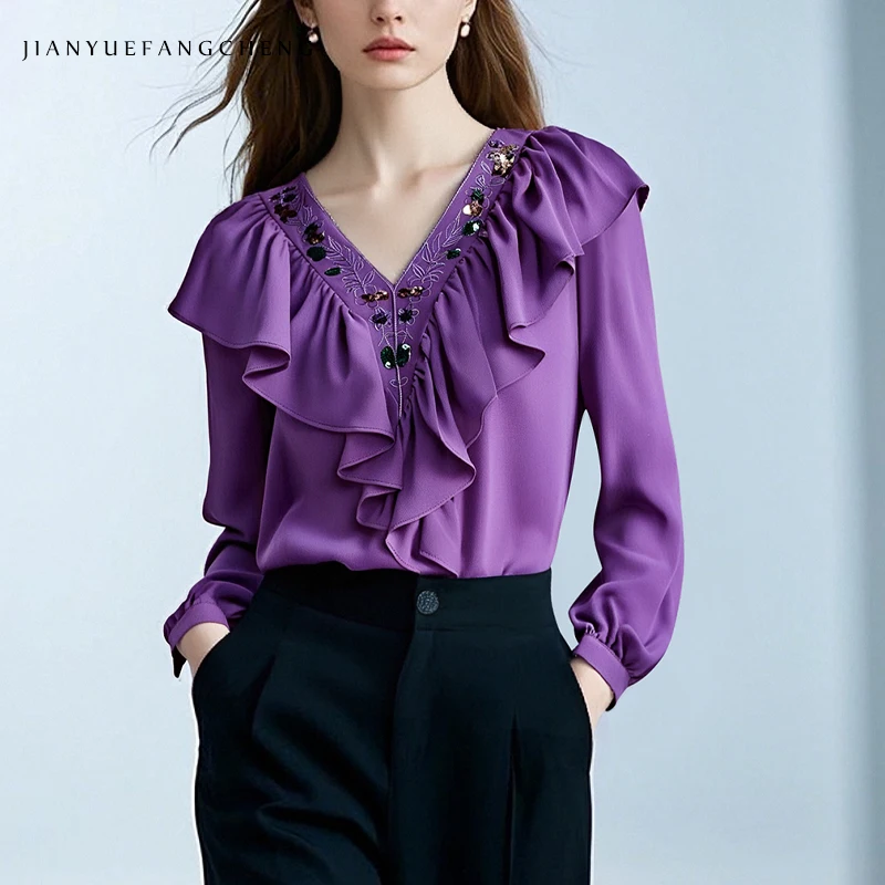 

Модная шифоновая блузка с вышивкой бисером, женская блузка с длинными рукавами и оборками, топ с v-образным вырезом, свободные повседневные винтажные рубашки на весну и лето