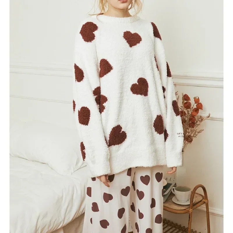 Kuzuwata O Neck Heart Print Long Sleeve Top Sleepwear+high Waist Slim Pant Underwear Casual Japanese Home Wear Pajama Sets