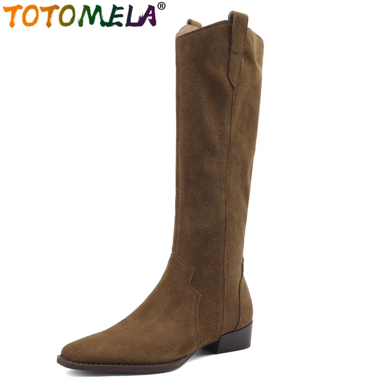 

TOTOMELA 2024 New Vintage Cow Suede Leather Western Boots Zipper Female Square Toe Knee High Boots Square Med Heels Autumn Boots