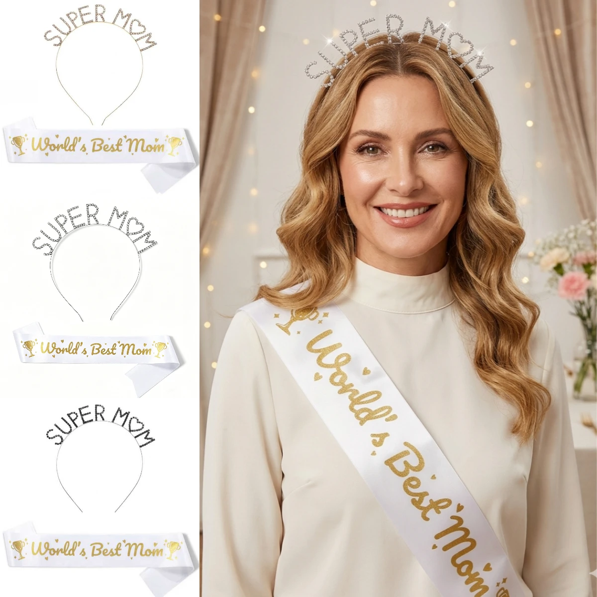

SUPER MOM Rhinestone Headband World's Best Mom Sash Set Gold Silver Black Tiara Mothers Day Party Gift Decoration for Women