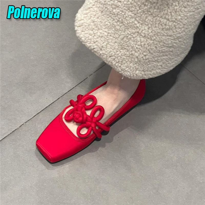 Chinese Knot Ballet Flats for Women Black Red Satin Square Toe Pumps Loafers Summer New Soft Sole Comfortable Casual Shoes