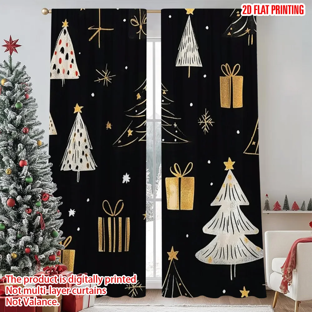 

2pcs 2D flat printing Merry Christmas Party Curtains Christmas tree_ Machine Washable Polyester Without Electricity Family Party