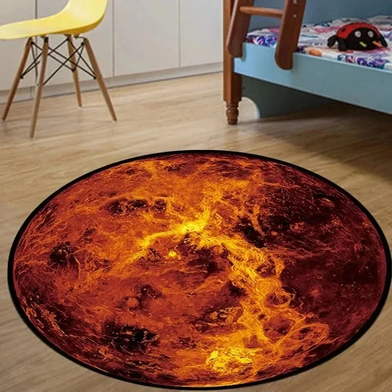 Cosmic Blue Moon Planet Round Rug Anti‑Slip Floor Carpet Outer Space Galaxy Mat for Children Room Bedroom Indoor Home Decoration