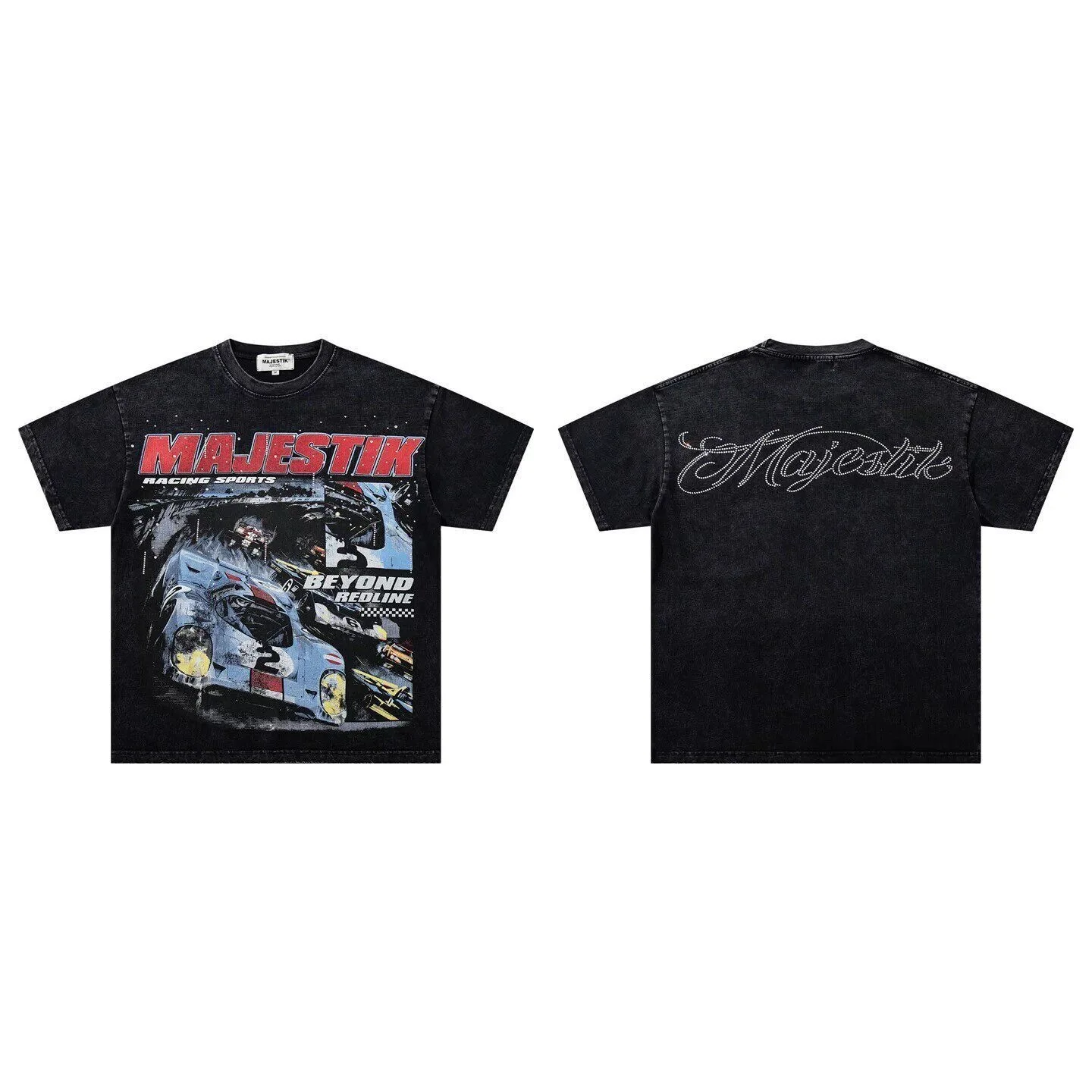 MAJESTIK High Street Racing Beaded Print Short-Sleeved T-Shirt - Men's and Women's Retro Weathered Loose-Fitting Casual Top