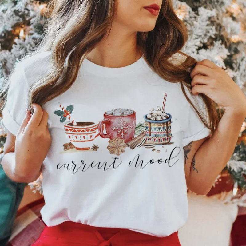 Tree Cart, Lovely Festival, Merry Christmas, Wearing T-shirt, New Year Season Printed Top, Winter Pattern Tops Graphic T Shirts